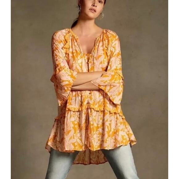 Anthropologie Mia tiered ruffled Orange tunic top Size Large - Picture 1 of 9